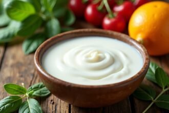 Friss aludttej joghurt zöld fűszerekkel és gyümölcsökkel