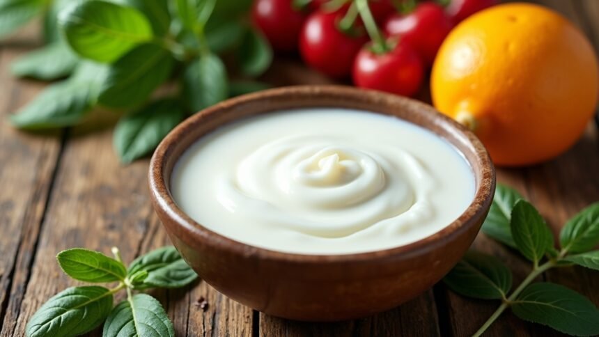 Friss aludttej joghurt zöld fűszerekkel és gyümölcsökkel