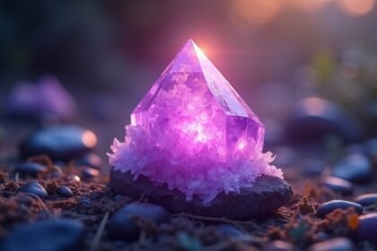 Ametiszt kristály, természetes környezetben, gyógyító energiával.