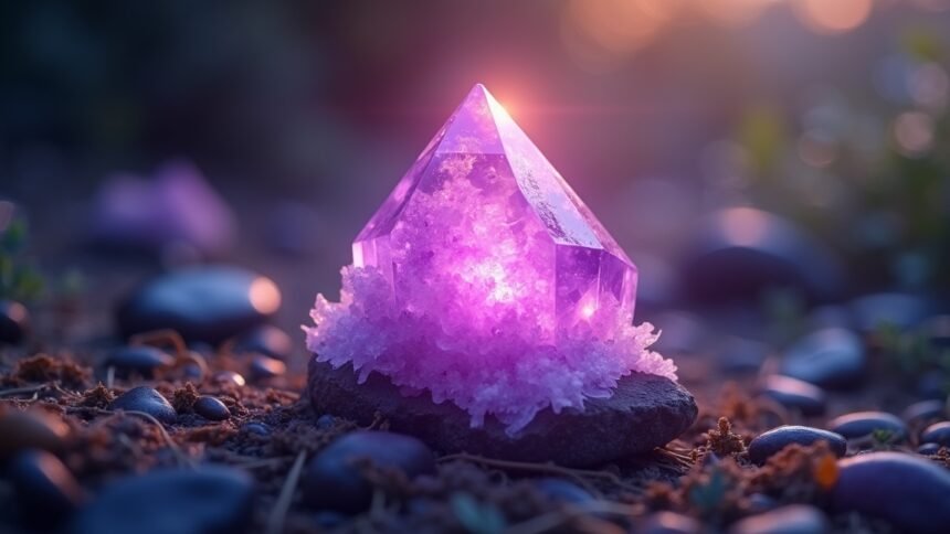 Ametiszt kristály, természetes környezetben, gyógyító energiával.