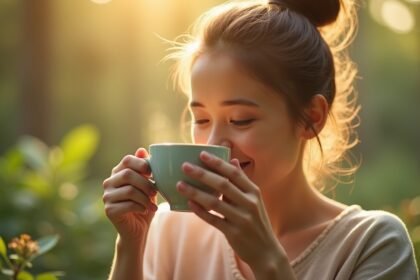 Nő teaivás közben a természetben, csodás fényekben