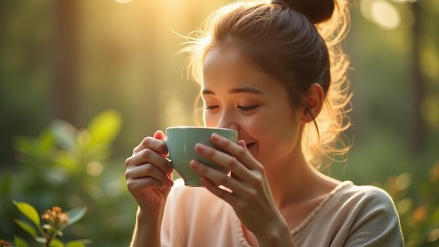 Nő teaivás közben a természetben, csodás fényekben