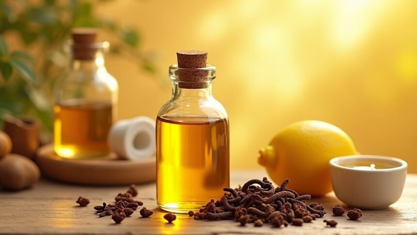 Szegfűszegolaj üveg és szegfűszeg a fa asztalon