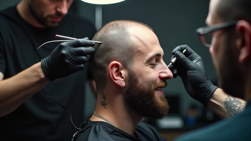 Férfi fejbőr tetoválás mikropigmentációval, modern szépségápolás