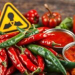 Csípős paprikák és szószok, figyelmeztető jelzés mellett