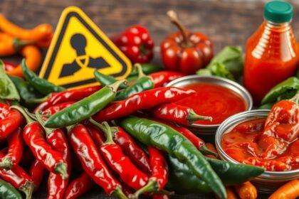 Csípős paprikák és szószok, figyelmeztető jelzés mellett