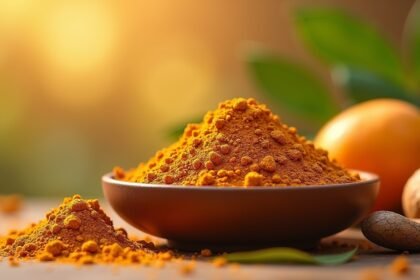 Maca gyökérpor egy tálban, háttérben zöld levelek és gyümölcsök