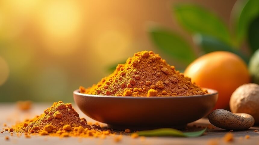 Maca gyökérpor egy tálban, háttérben zöld levelek és gyümölcsök