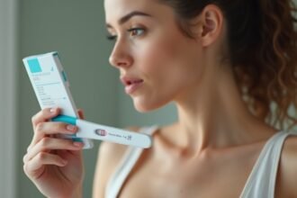 Nő terhességi tesztet használ, figyelve az eredményre.