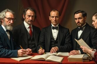 Történelmi nyelvújítók egy összejövetelen, könyvekkel és jegyzetekkel.