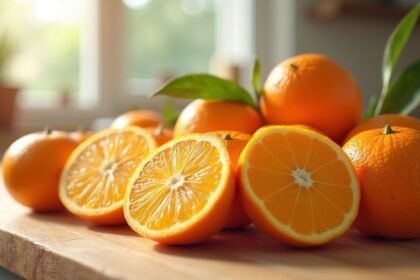 Friss narancsok és vágott narancs szeletek egy fán.