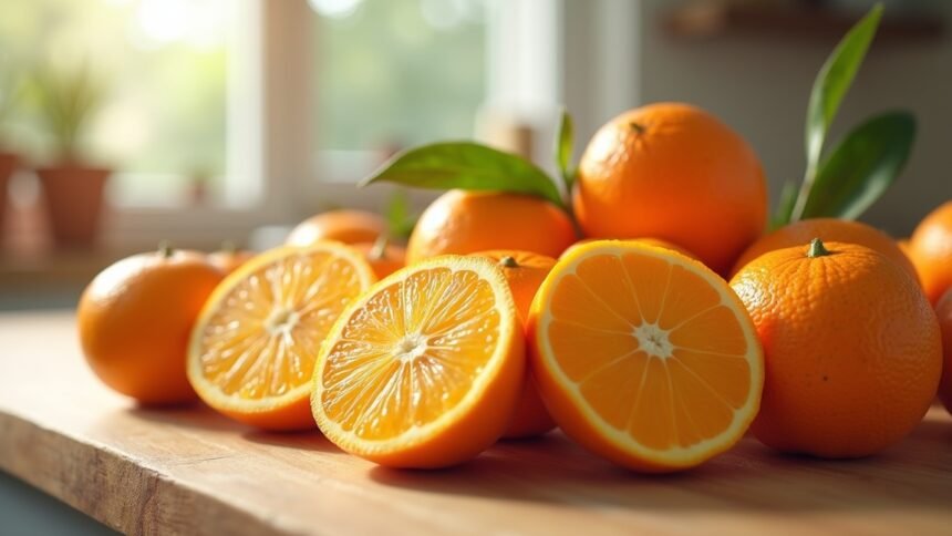 Friss narancsok és vágott narancs szeletek egy fán.