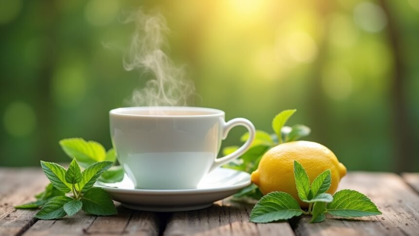 Gőzölgő orvosi citromfű tea citrommal és friss levelekkel.