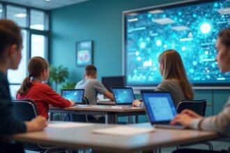 Diákok digitális tanulás közben egy modern tanteremben.