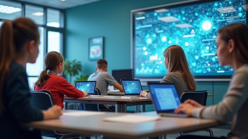 Diákok digitális tanulás közben egy modern tanteremben.