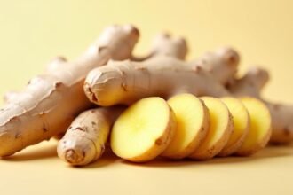 Friss gyömbér gyökerek és szeletek sárga háttéren