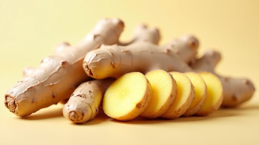 Friss gyömbér gyökerek és szeletek sárga háttéren