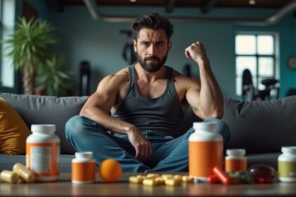 Férfi edzés és táplálékkiegészítők között ülve.