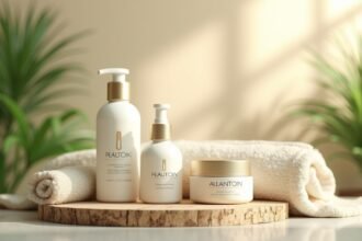 Három bőrápoló termék allantoinnal és törölközővel, zöld növényekkel.