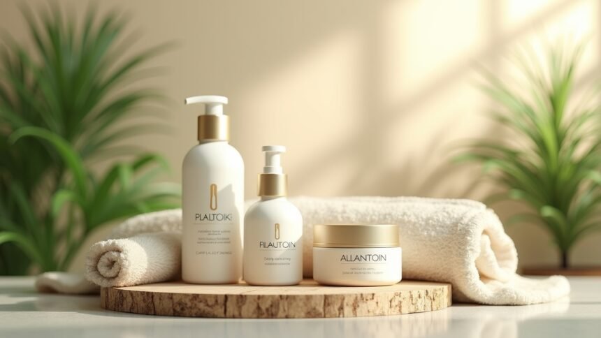 Három bőrápoló termék allantoinnal és törölközővel, zöld növényekkel.