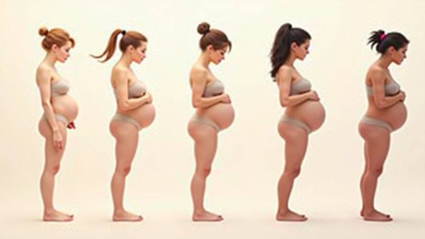 Terhesség különböző stádiumai: női test változásai a várandósság alatt.