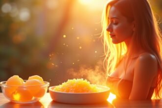 Nő zselatinnal és citrusfélékkel a naplementében, egészség és szépség