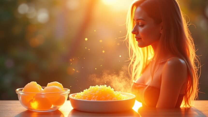 Nő zselatinnal és citrusfélékkel a naplementében, egészség és szépség