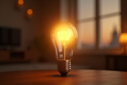 Fénylő LED lámpa egy asztalon, otthoni világítás