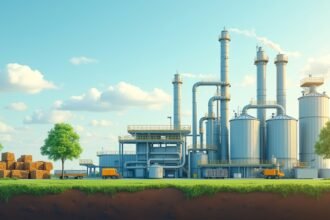 Biomassza erőmű látképe zöld területtel és teherautókkal