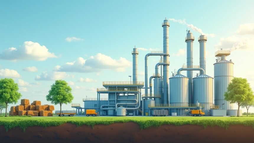 Biomassza erőmű látképe zöld területtel és teherautókkal