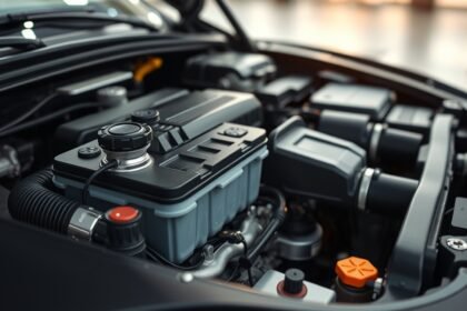 A modern autó akkumulátoros gyújtásának alkatrészei az motorban.