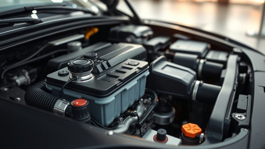 A modern autó akkumulátoros gyújtásának alkatrészei az motorban.