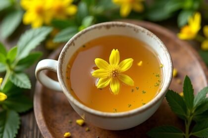 Fecskefű tea citromsárga virággal a bögrében, friss zöld levelek között.