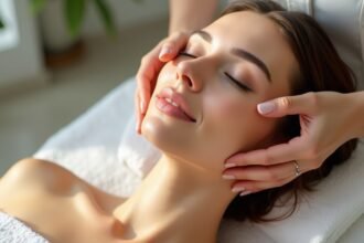 Nő relaxál egy rádiófrekvenciás bőrkezelés során spa környezetben.