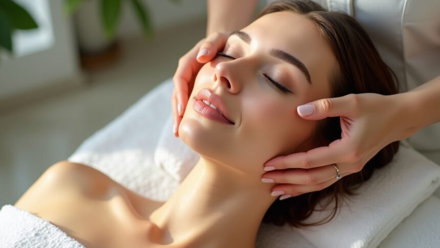 Nő relaxál egy rádiófrekvenciás bőrkezelés során spa környezetben.