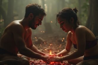 Két fiatal ember ül egy tűz körül, kanibalizmus témájában