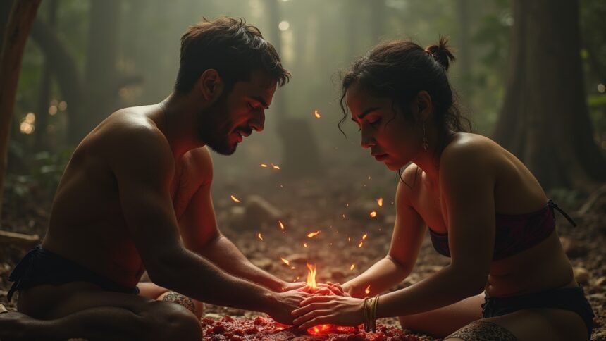 Két fiatal ember ül egy tűz körül, kanibalizmus témájában
