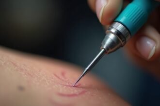 Tetoválás közben, tetováló tű alkalmazásával