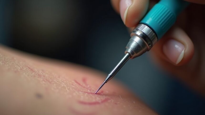 Tetoválás közben, tetováló tű alkalmazásával