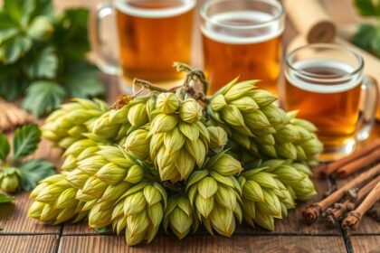 Friss komlótobozok sörökkel és fűszerekkel.