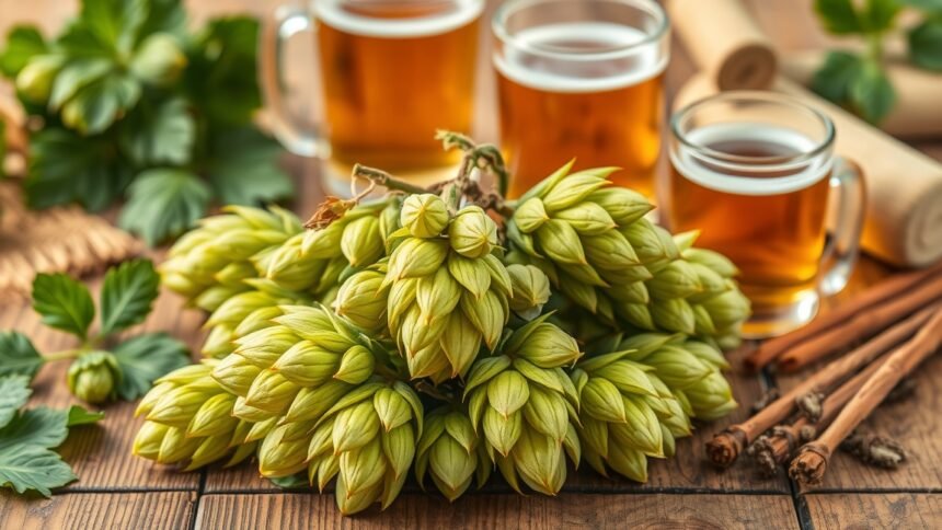 Friss komlótobozok sörökkel és fűszerekkel.