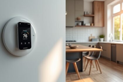 Mobil termosztát okostelefonnal a modern konyhában.