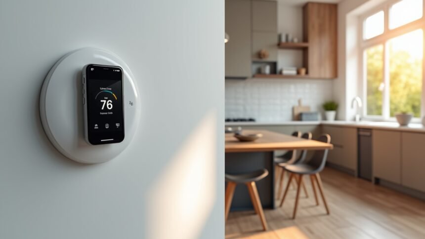 Mobil termosztát okostelefonnal a modern konyhában.