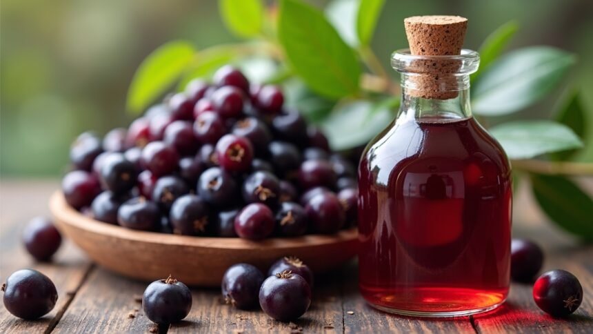 Friss kökény szörp és kökény bogyók egy tálban.