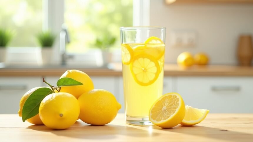 Friss citromok és citromlé egészségügyi előnyökkel.