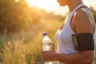 Nő vízzel és vérnyomásmérővel a nyári hőségben