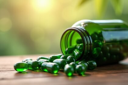 Zöld alga kapszulák üvegben természetes tápanyagokkal