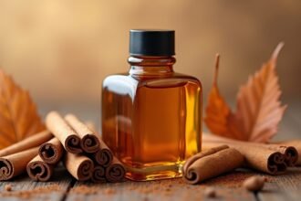 Fahéjolaj üvegpalack, fahéjrudakkal és őszies levelekkel díszítve