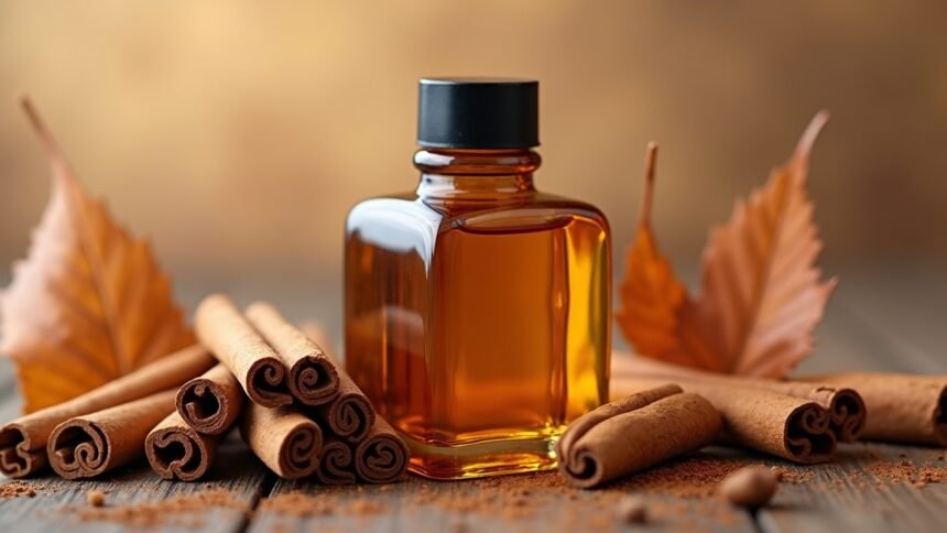 Fahéjolaj üvegpalack, fahéjrudakkal és őszies levelekkel díszítve