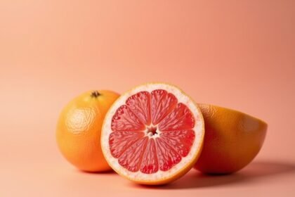 Friss grapefruit, csonkítva és egészben, élénk háttéren.